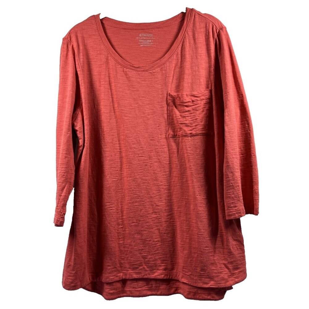 Chicos Ultimate Tee Women's Top Size Large Solid Orange Slubbed Cotton Modal 3/4